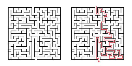 Vector Square Maze - Labyrinth with Included Solution in Black & Red. Funny & Educational Mind Game for Coordination, Problems Solving, Decision Making Skills Test.のイラスト素材