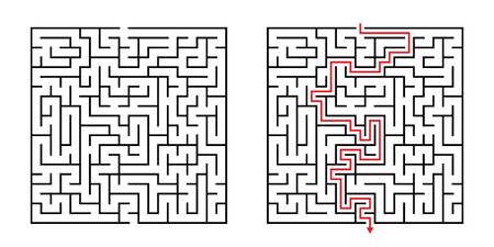 Vector Square Maze - Labyrinth with Included Solution in Black & Red. Funny & Educational Mind Game for Coordination, Problems Solving, Decision Making Skills Test.のイラスト素材