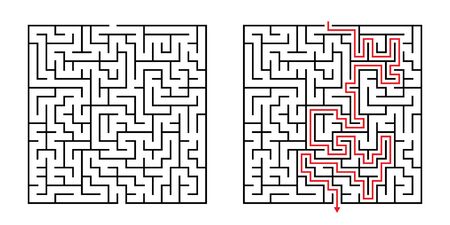 Vector Square Maze - Labyrinth with Included Solution in Black & Red. Funny & Educational Mind Game for Coordination, Problems Solving, Decision Making Skills Test.のイラスト素材