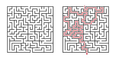 Vector Square Maze - Labyrinth with Included Solution in Black & Red. Funny & Educational Mind Game for Coordination, Problems Solving, Decision Making Skills Test.のイラスト素材