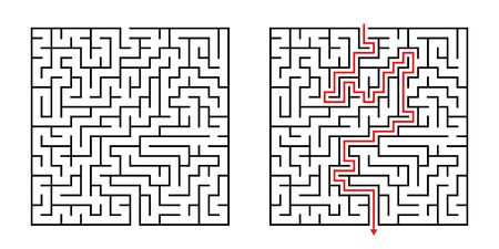 Vector Square Maze - Labyrinth with Included Solution in Black & Red. Funny & Educational Mind Game for Coordination, Problems Solving, Decision Making Skills Test.のイラスト素材