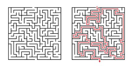 Vector Square Maze - Labyrinth with Included Solution in Black & Red. Funny & Educational Mind Game for Coordination, Problems Solving, Decision Making Skills Test.のイラスト素材