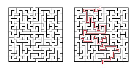 Vector Square Maze - Labyrinth with Included Solution in Black & Red. Funny & Educational Mind Game for Coordination, Problems Solving, Decision Making Skills Test.のイラスト素材
