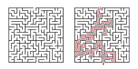 Vector Square Maze - Labyrinth with Included Solution in Black & Red. Funny & Educational Mind Game for Coordination, Problems Solving, Decision Making Skills Test.のイラスト素材