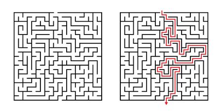 Vector Square Maze - Labyrinth with Included Solution in Black & Red. Funny & Educational Mind Game for Coordination, Problems Solving, Decision Making Skills Test.のイラスト素材