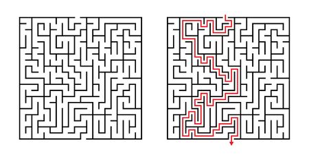 Vector Square Maze - Labyrinth with Included Solution in Black & Red. Funny & Educational Mind Game for Coordination, Problems Solving, Decision Making Skills Test.のイラスト素材