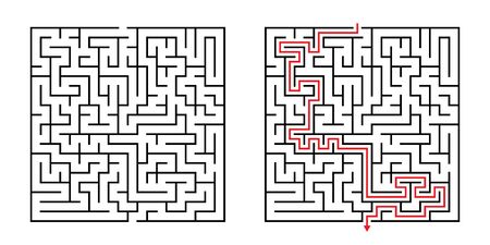 Vector Square Maze - Labyrinth with Included Solution in Black & Red. Funny & Educational Mind Game for Coordination, Problems Solving, Decision Making Skills Test.のイラスト素材