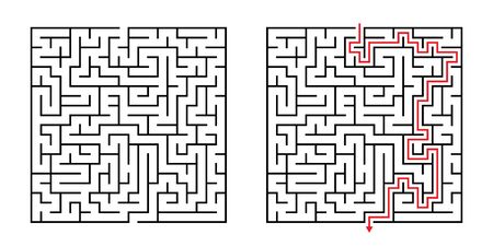 Vector Square Maze - Labyrinth with Included Solution in Black & Red. Funny & Educational Mind Game for Coordination, Problems Solving, Decision Making Skills Test.のイラスト素材