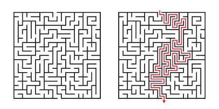 Vector Square Maze - Labyrinth with Included Solution in Black & Red. Funny & Educational Mind Game for Coordination, Problems Solving, Decision Making Skills Test.のイラスト素材
