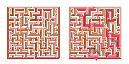 Vector 3D / Isometric Easy Square Maze - Labyrinth with Included Solution. Funny & Educational Mind Game for Coordination, Problems Solving, Decision Making Skills Test.のイラスト素材