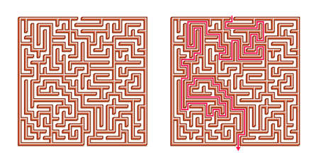 Vector 3D / Isometric Easy Square Maze - Labyrinth with Included Solution. Funny & Educational Mind Game for Coordination, Problems Solving, Decision Making Skills Test.のイラスト素材