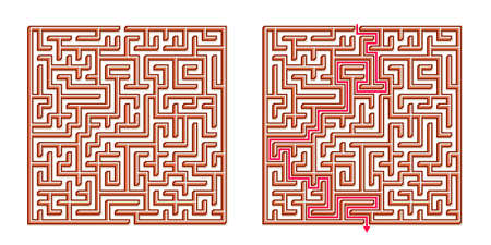Vector 3D / Isometric Easy Square Maze - Labyrinth with Included Solution. Funny & Educational Mind Game for Coordination, Problems Solving, Decision Making Skills Test.のイラスト素材