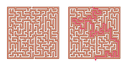 Vector 3D / Isometric Easy Square Maze - Labyrinth with Included Solution. Funny & Educational Mind Game for Coordination, Problems Solving, Decision Making Skills Test.のイラスト素材