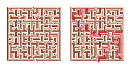 Vector 3D / Isometric Easy Square Maze - Labyrinth with Included Solution. Funny & Educational Mind Game for Coordination, Problems Solving, Decision Making Skills Test.のイラスト素材