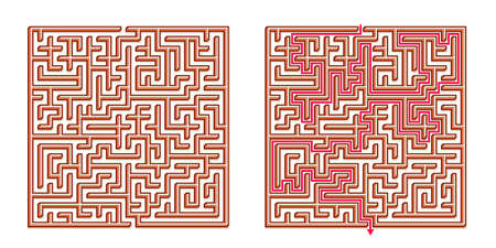 Vector 3D / Isometric Easy Square Maze - Labyrinth with Included Solution. Funny & Educational Mind Game for Coordination, Problems Solving, Decision Making Skills Test.のイラスト素材