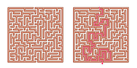 Vector 3D / Isometric Easy Square Maze - Labyrinth with Included Solution. Funny & Educational Mind Game for Coordination, Problems Solving, Decision Making Skills Test.のイラスト素材