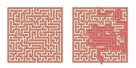 Vector 3D / Isometric Easy Square Maze - Labyrinth with Included Solution. Funny & Educational Mind Game for Coordination, Problems Solving, Decision Making Skills Test.のイラスト素材