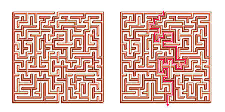 Vector 3D / Isometric Easy Square Maze - Labyrinth with Included Solution. Funny & Educational Mind Game for Coordination, Problems Solving, Decision Making Skills Test.のイラスト素材
