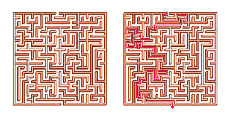 Vector 3D / Isometric Easy Square Maze - Labyrinth with Included Solution. Funny & Educational Mind Game for Coordination, Problems Solving, Decision Making Skills Test.のイラスト素材