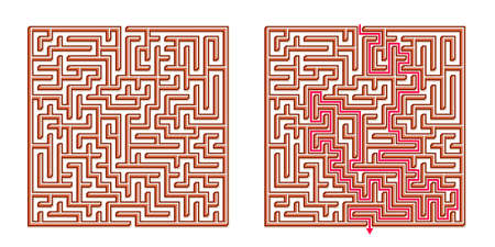 Vector 3D / Isometric Easy Square Maze - Labyrinth with Included Solution. Funny & Educational Mind Game for Coordination, Problems Solving, Decision Making Skills Test.のイラスト素材