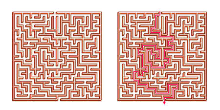 Vector 3D / Isometric Easy Square Maze - Labyrinth with Included Solution. Funny & Educational Mind Game for Coordination, Problems Solving, Decision Making Skills Test.のイラスト素材