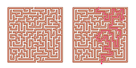 Vector 3D / Isometric Easy Square Maze - Labyrinth with Included Solution. Funny & Educational Mind Game for Coordination, Problems Solving, Decision Making Skills Test.のイラスト素材
