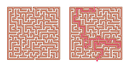 Vector 3D / Isometric Easy Square Maze - Labyrinth with Included Solution. Funny & Educational Mind Game for Coordination, Problems Solving, Decision Making Skills Test.のイラスト素材