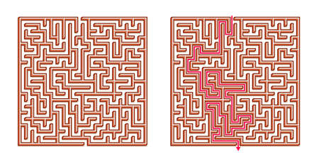 Vector 3D / Isometric Easy Square Maze - Labyrinth with Included Solution. Funny & Educational Mind Game for Coordination, Problems Solving, Decision Making Skills Test.のイラスト素材