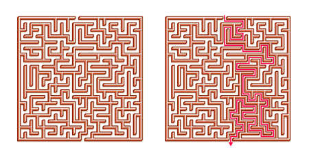 Vector 3D / Isometric Easy Square Maze - Labyrinth with Included Solution. Funny & Educational Mind Game for Coordination, Problems Solving, Decision Making Skills Test.のイラスト素材