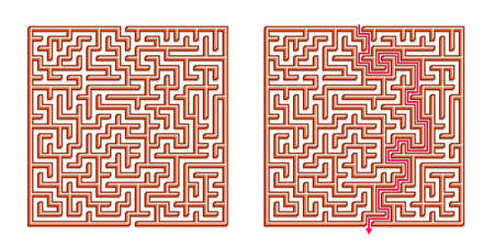 Vector 3D / Isometric Easy Square Maze - Labyrinth with Included Solution. Funny & Educational Mind Game for Coordination, Problems Solving, Decision Making Skills Test.のイラスト素材