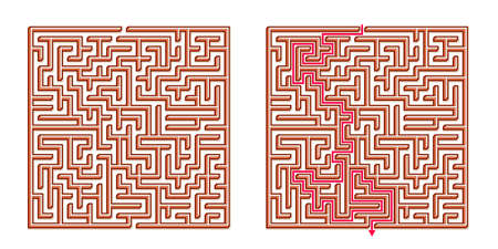 Vector 3D / Isometric Easy Square Maze - Labyrinth with Included Solution. Funny & Educational Mind Game for Coordination, Problems Solving, Decision Making Skills Test.のイラスト素材
