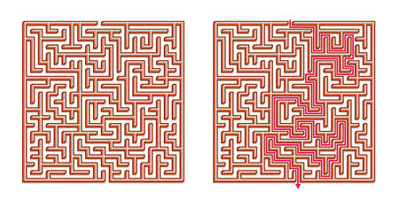 Vector 3D / Isometric Easy Square Maze - Labyrinth with Included Solution. Funny & Educational Mind Game for Coordination, Problems Solving, Decision Making Skills Test.のイラスト素材