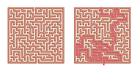 Vector 3D / Isometric Easy Square Maze - Labyrinth with Included Solution. Funny & Educational Mind Game for Coordination, Problems Solving, Decision Making Skills Test.のイラスト素材