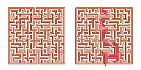 Vector 3D / Isometric Easy Square Maze - Labyrinth with Included Solution. Funny & Educational Mind Game for Coordination, Problems Solving, Decision Making Skills Test.のイラスト素材