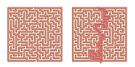 Vector 3D / Isometric Easy Square Maze - Labyrinth with Included Solution. Funny & Educational Mind Game for Coordination, Problems Solving, Decision Making Skills Test.のイラスト素材