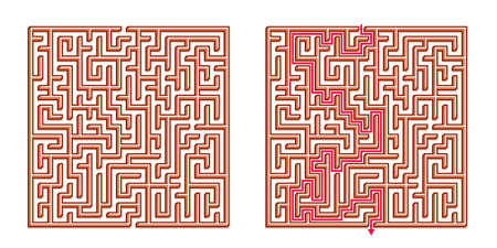 Vector 3D / Isometric Easy Square Maze - Labyrinth with Included Solution. Funny & Educational Mind Game for Coordination, Problems Solving, Decision Making Skills Test.のイラスト素材