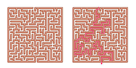 Vector 3D / Isometric Easy Square Maze - Labyrinth with Included Solution. Funny & Educational Mind Game for Coordination, Problems Solving, Decision Making Skills Test.のイラスト素材