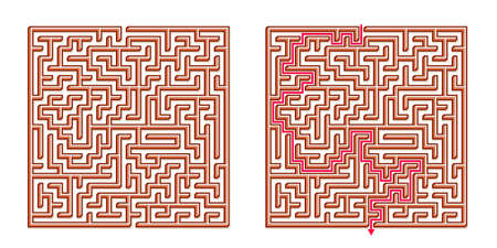 Vector 3D / Isometric Easy Square Maze - Labyrinth with Included Solution. Funny & Educational Mind Game for Coordination, Problems Solving, Decision Making Skills Test.のイラスト素材