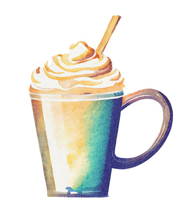 Coffee Milkshake with Whipped Cream and Milk in Mug - Colorful Watercolor Illustration on Paper Texture. Hand Painting Style. Isolated on White Background. Trendy and Creative.の素材
