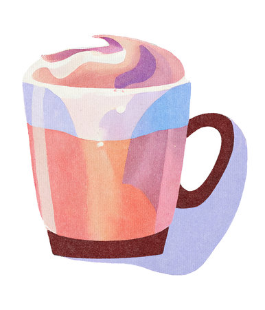 Coffee Milkshake with Whipped Cream and Milk in Mug - Colorful Watercolor Illustration on Paper Texture. Hand Painting Style. Isolated on White Background. Trendy and Creative.の素材