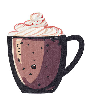 Cappuccino or Latte Coffee with Whipped Cream and Milk in Mug - Watercolor Illustration on Paper Texture. Hand Painting Style. Isolated on White Background. Trendy and Creative.の素材