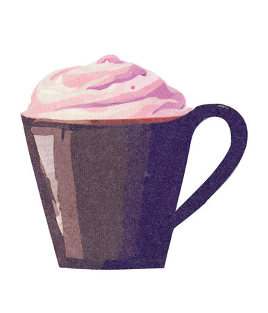 Cappuccino or Latte Coffee with Whipped Cream and Milk in Mug - Watercolor Illustration on Paper Texture. Hand Painting Style. Isolated on White Background. Trendy and Creative.の素材