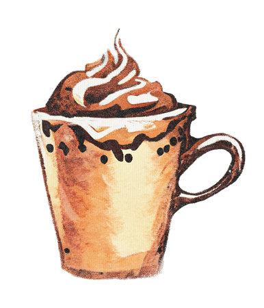 Cappuccino or Latte Coffee with Whipped Cream and Milk in Mug - Watercolor Illustration on Paper Texture. Hand Painting Style. Isolated on White Background. Trendy and Creative.の素材