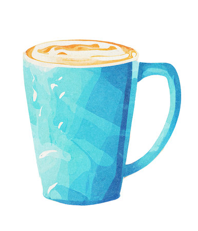 Cappuccino or Latte Coffee with Cream and Milk in Mug - Watercolor Illustration on Paper Texture. Hand Painting Style. Isolated on White Background. Trendy and Creative Style Art.の素材