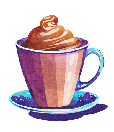 Coffee Milkshake with Whipped Cream and Milk in Mug - Colorful Watercolor Illustration on Paper Texture. Hand Painting Style. Isolated on White Background. Trendy and Creative.の素材