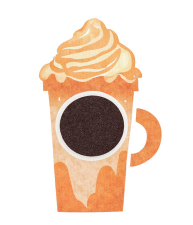 Coffee Milkshake with Whipped Cream, Milk and Decorations in Mug - Watercolor Illustration on Paper Texture. Hand Painting Style. Isolated on White Background. Trendy and Creative.の素材