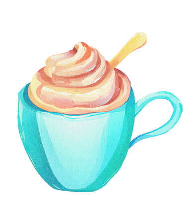 Cappuccino or Latte Coffee with Whipped Cream and Milk in Mug - Watercolor Illustration on Paper Texture. Hand Painting Style. Isolated on White Background. Trendy and Creative.の素材