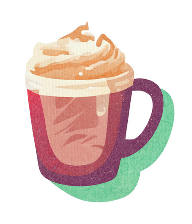Cappuccino or Latte Coffee with Whipped Cream and Milk in Mug - Watercolor Illustration on Paper Texture. Hand Painting Style. Isolated on White Background. Trendy and Creative.の素材