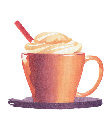 Cappuccino or Latte Coffee with Whipped Cream and Milk in Mug - Watercolor Illustration on Paper Texture. Hand Painting Style. Isolated on White Background. Trendy and Creative.の素材