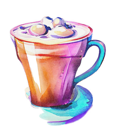 Coffee Milkshake with Whipped Cream and Milk in Mug - Colorful Watercolor Illustration on Paper Texture. Hand Painting Style. Isolated on White Background. Trendy and Creative.の素材